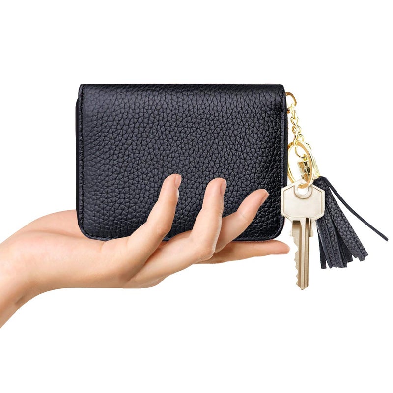 Coco Rossi Leather Credit Card Wallet for Women, RFID Blocking Zipper Cards Holder with Tassels-Black - Image 4